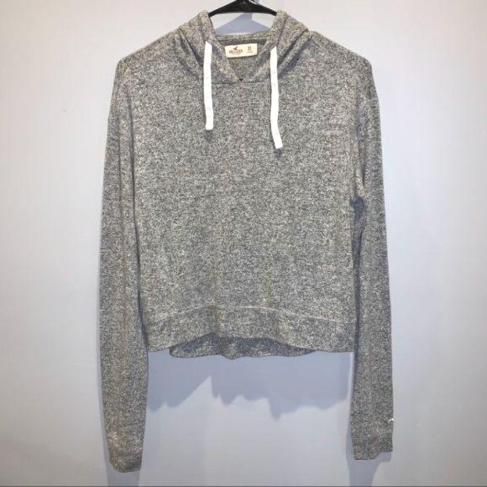 Hollister Womens XS Grey Marled Knit Cropped Pullover Hoodie Sweater‎